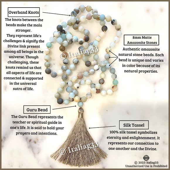 Mala Amazonite Beads Necklace Natural Matte Gemstone Silk Tassel Meditation New - Picture 4 of 15